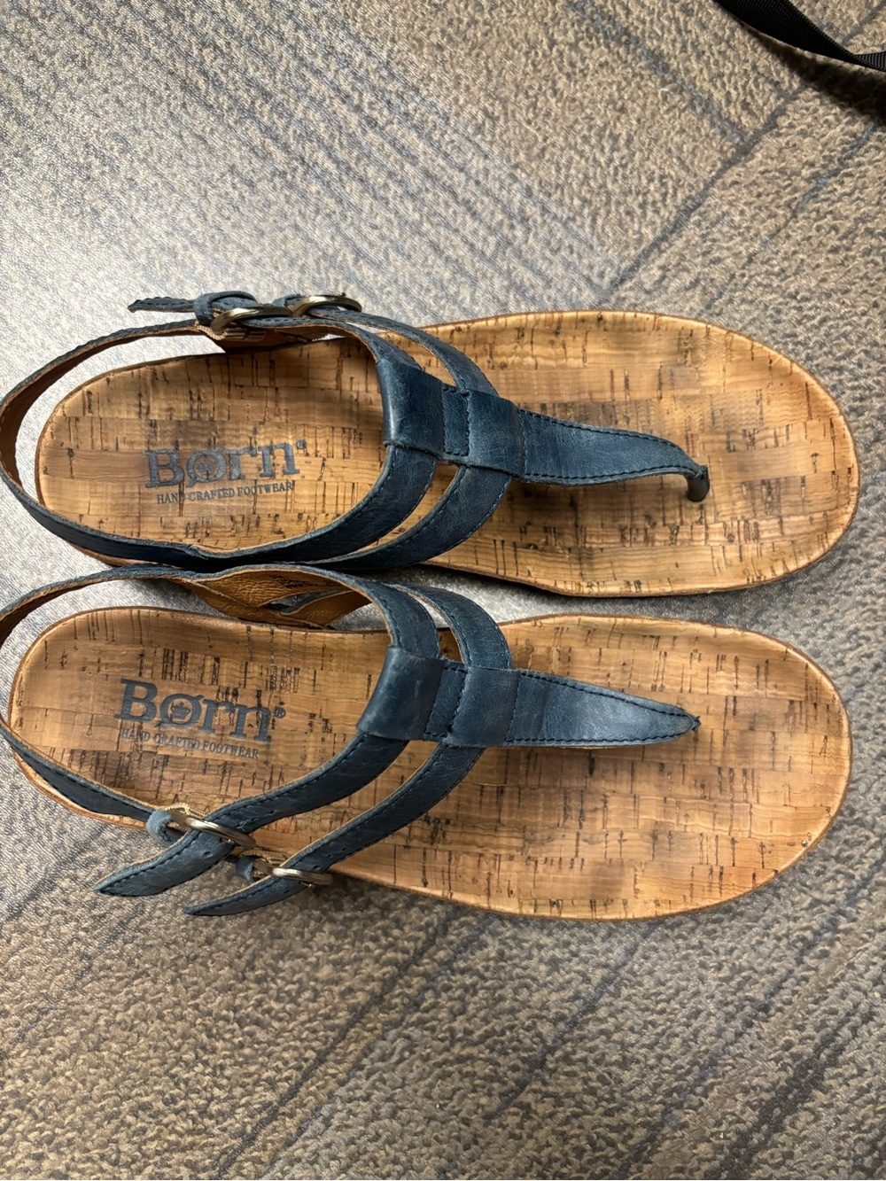 Born Navy Leather Toe-Post Sandals with Cork-Look Footbed
